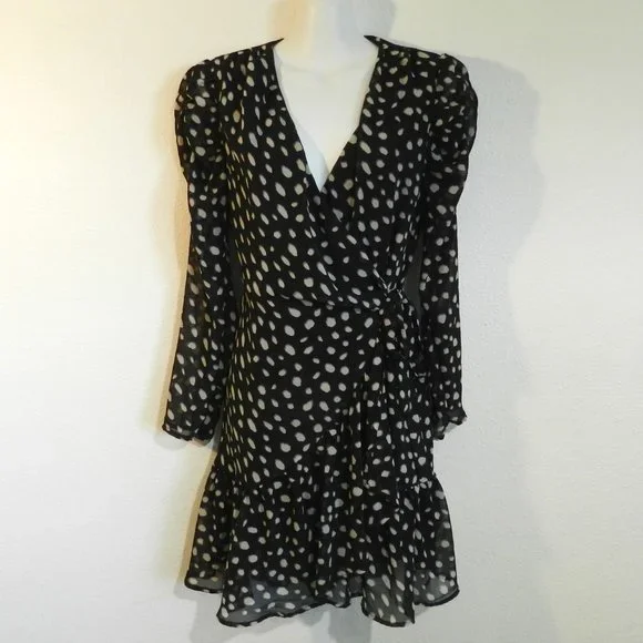 FAVLUX | Dresses | Favlux Fashion Black And White Spotted Print Long Sleeve  Chiffon Wrap Dress | Poshmark